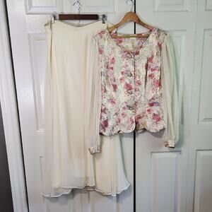 Vintage Mike Benet 2 Piece Skirt Set Size 20 Floral Gold Sparkle Coquette 80s